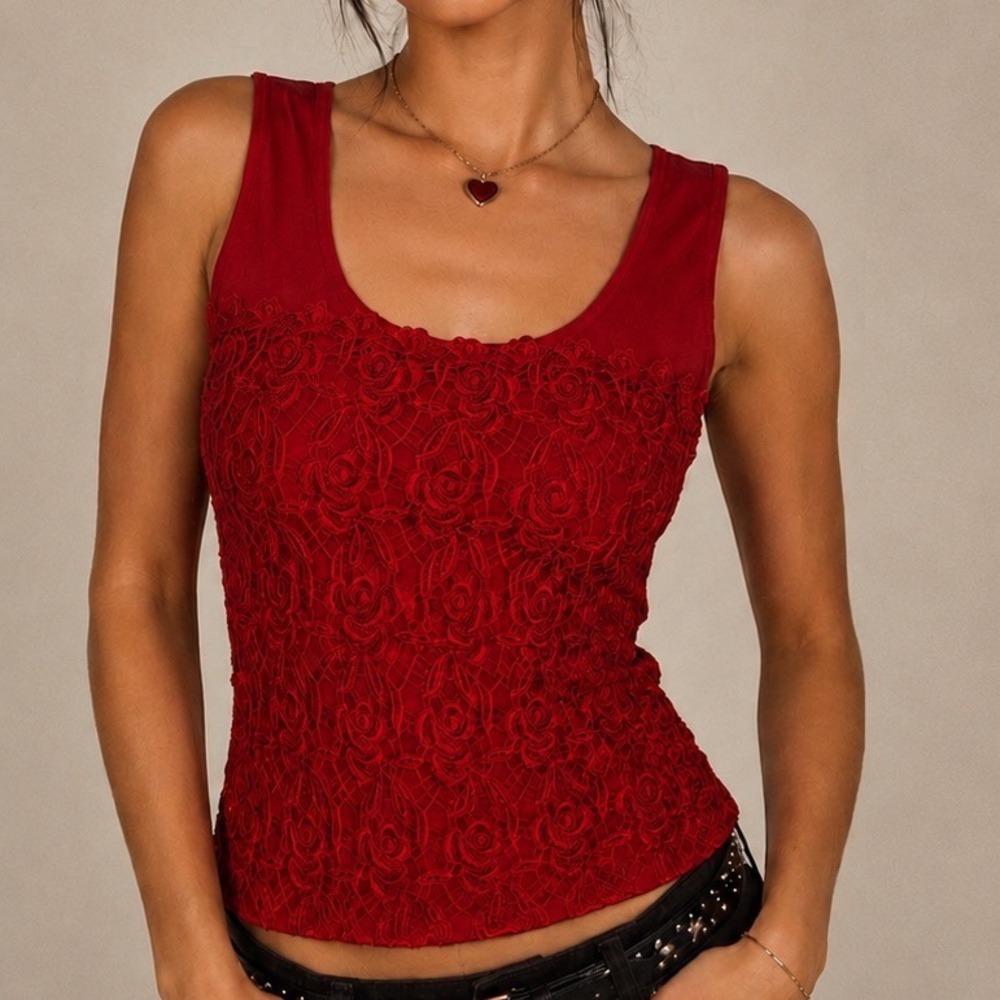Vintage 90/Y2k Red Floral Lace Overlay Tank Top Scoop Neck Sleeveless Blouse XL